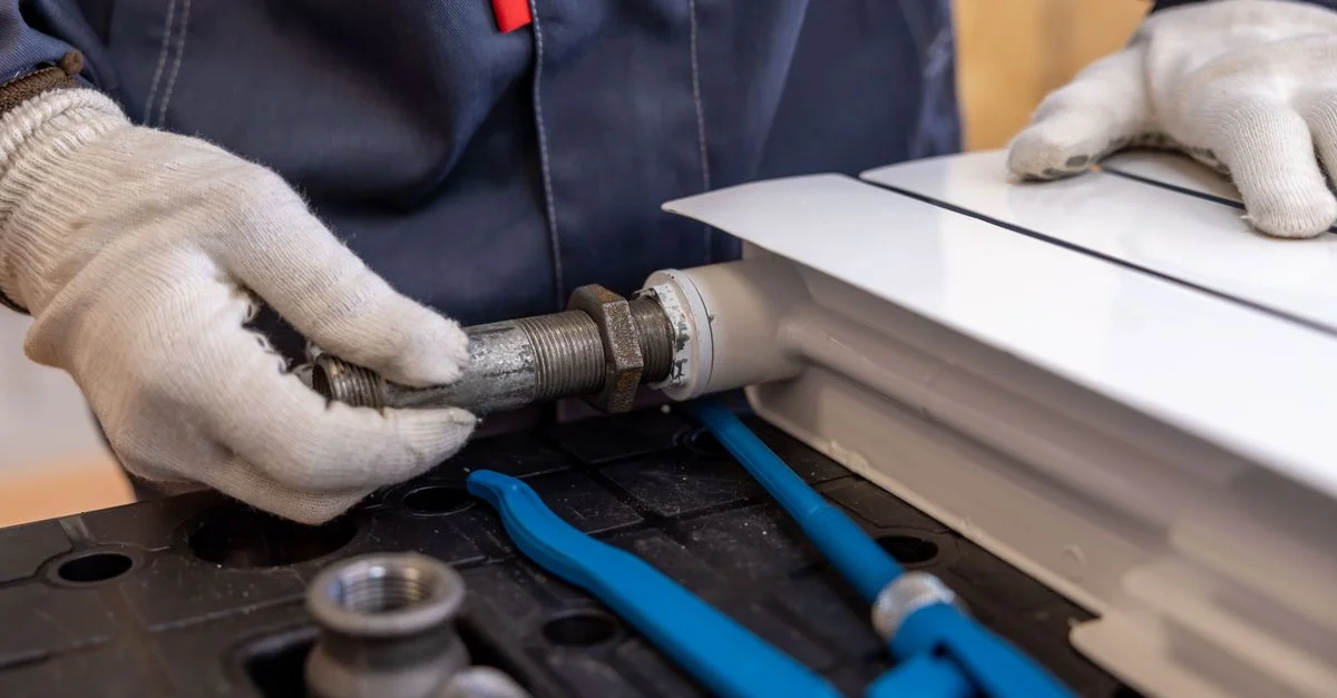 Gros plan d'un plombier installant un tuyau de radiateur à l'aide d'outils spécialisés.