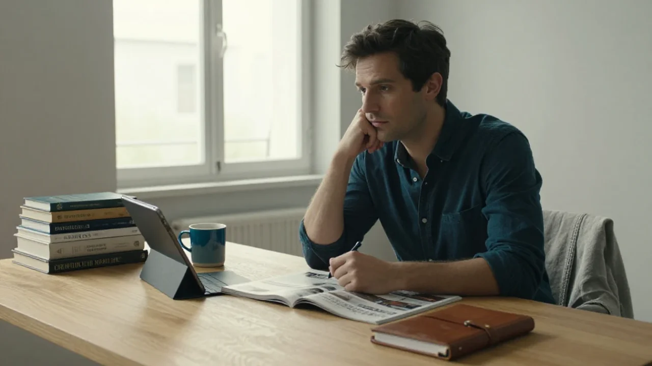 Un homme explore divers thèmes sur son bureau, illustrant la richesse d'un blog généraliste.